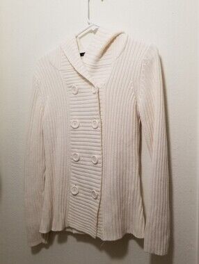Effeci Women's Small Cream Knit Double-Breasted Ribbed Hooded Cardigan Sweater